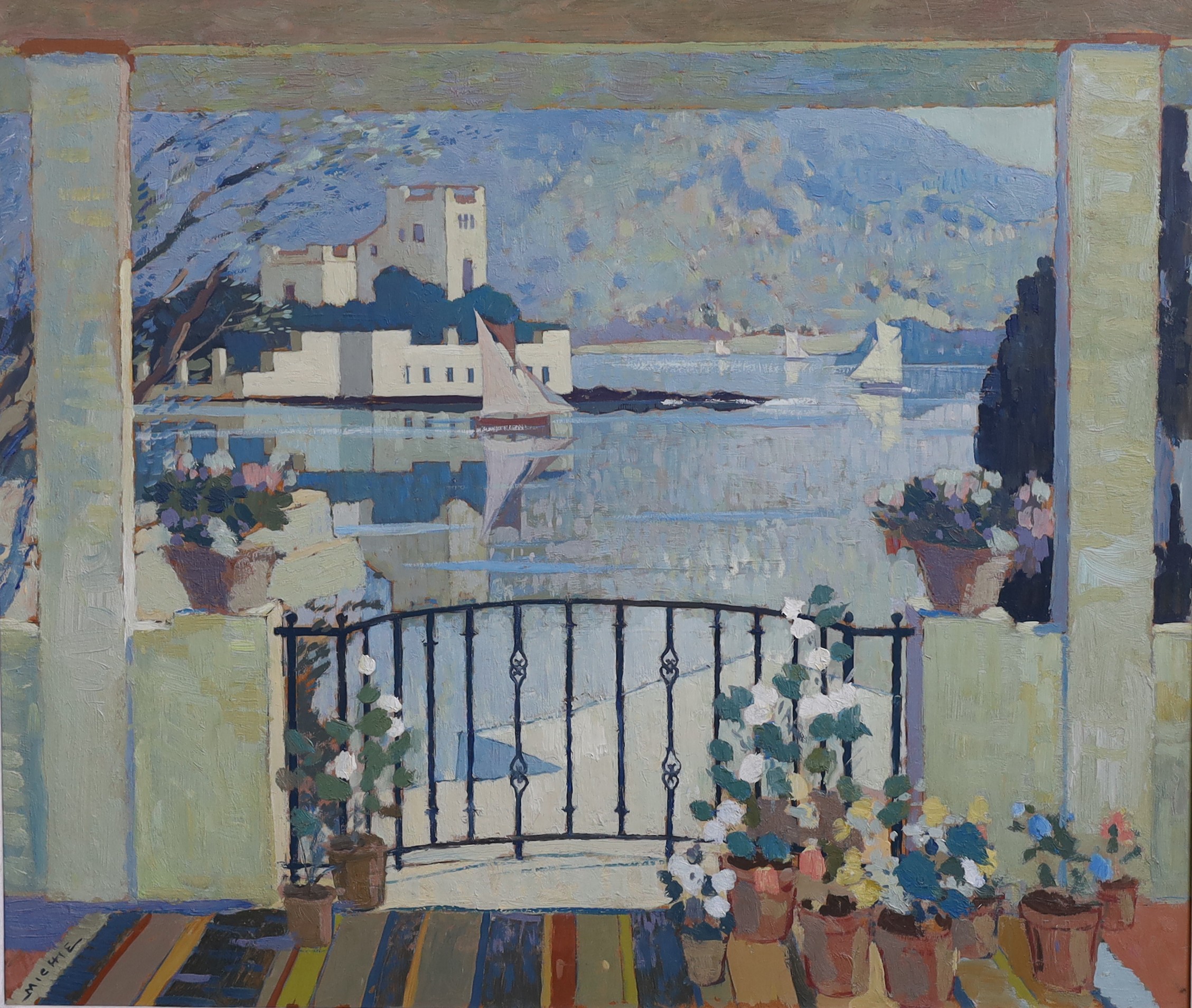 James Beattie Michie (1891-1960), Mediterranean viewed from a balcony, oil on board, 51 x 60cm